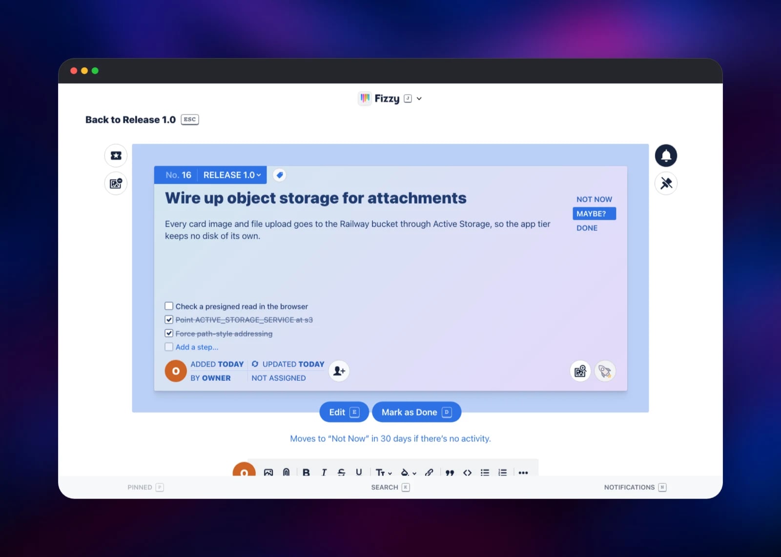 Fizzy card showing its checklist and uploaded background image