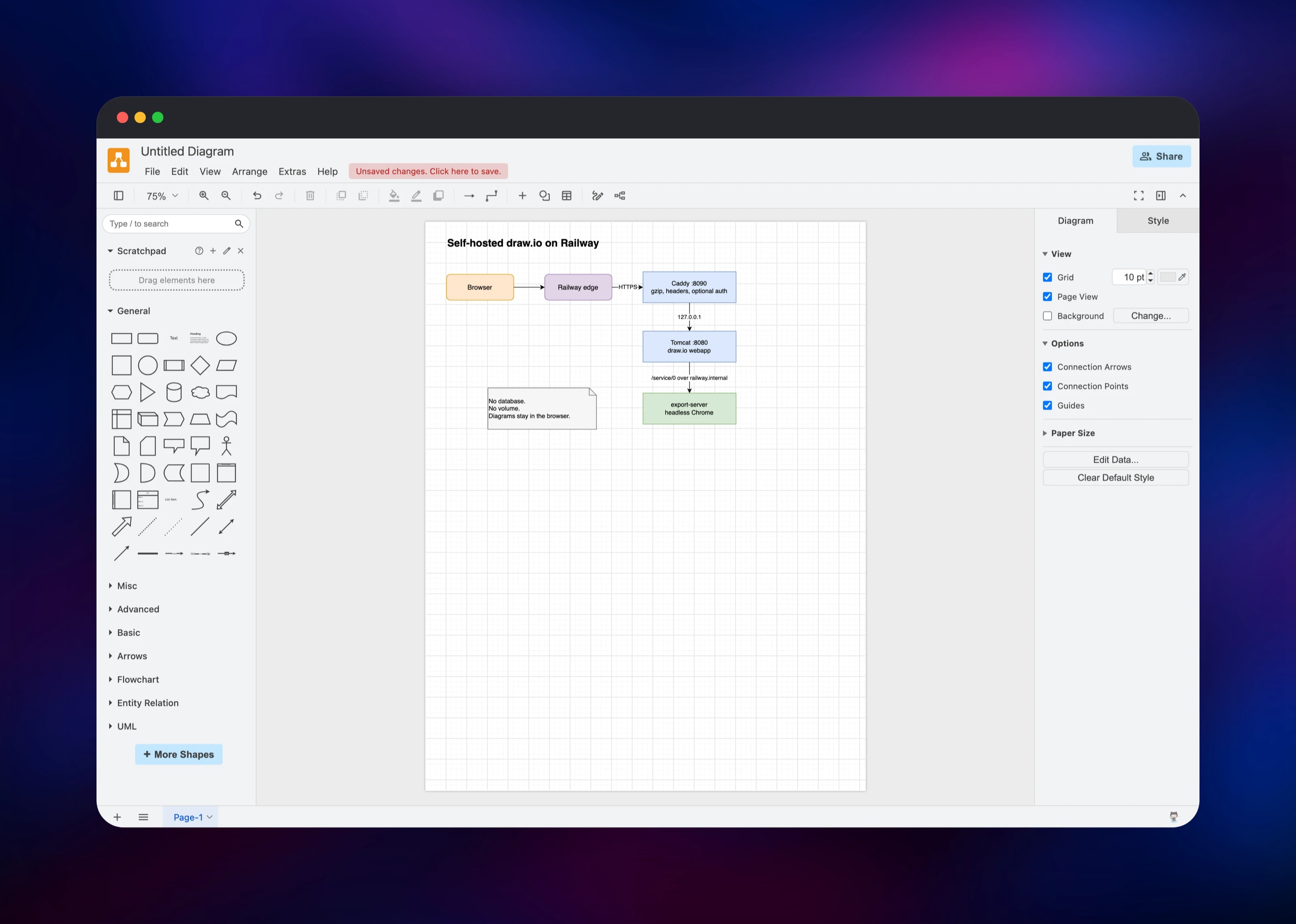 Editing a deployment architecture diagram in self-hosted draw.io