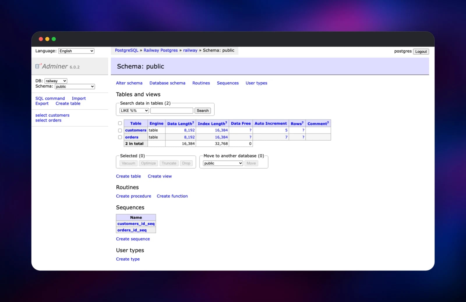 Adminer listing the tables of a PostgreSQL schema