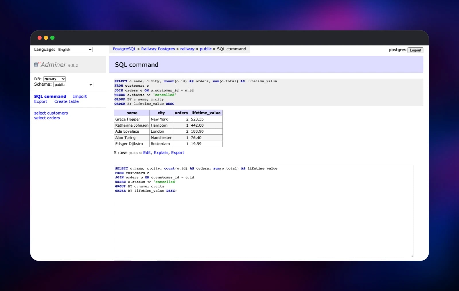 Adminer running a join query and showing the result rows