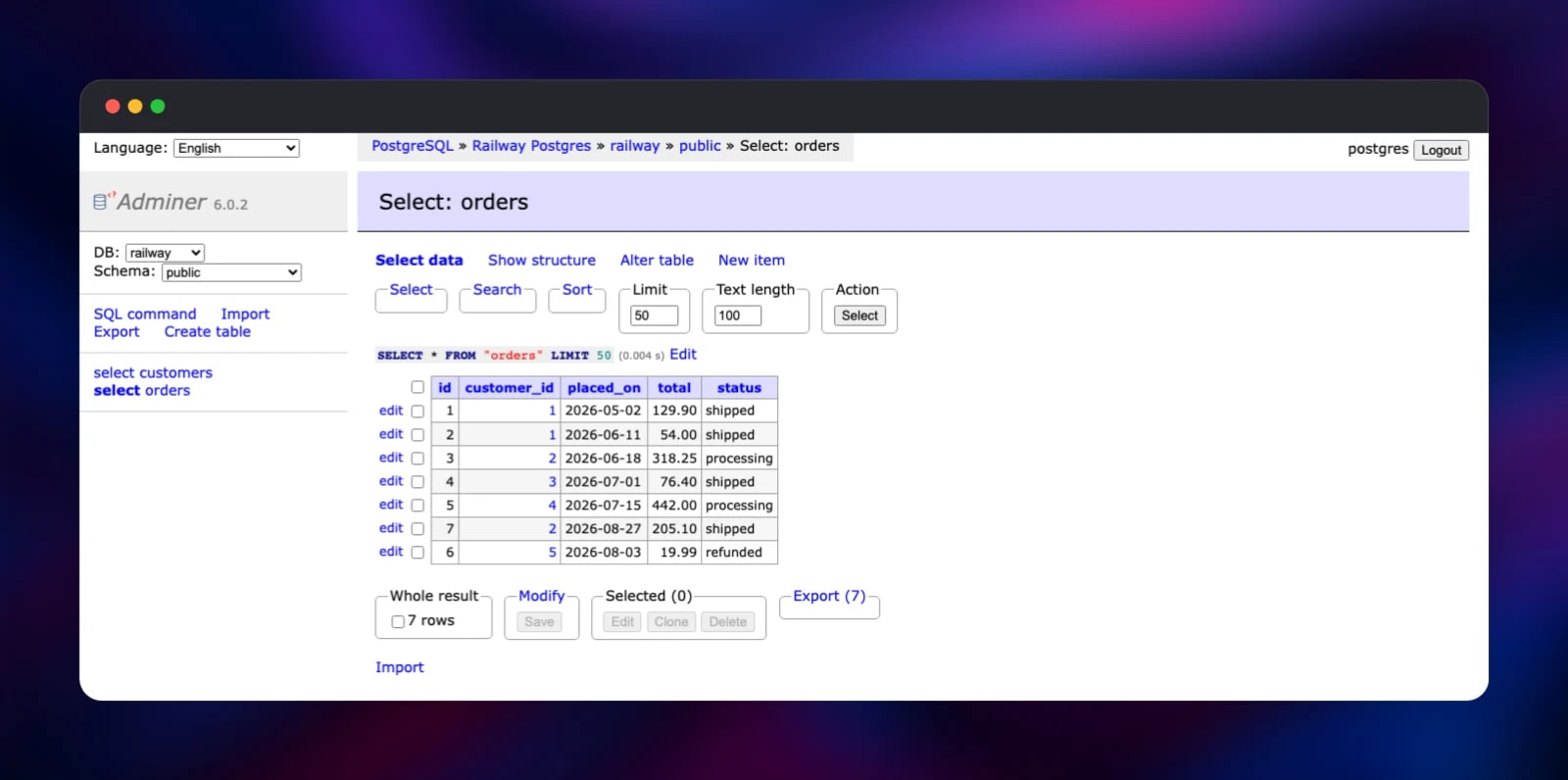 Browsing and editing rows of an orders table in Adminer