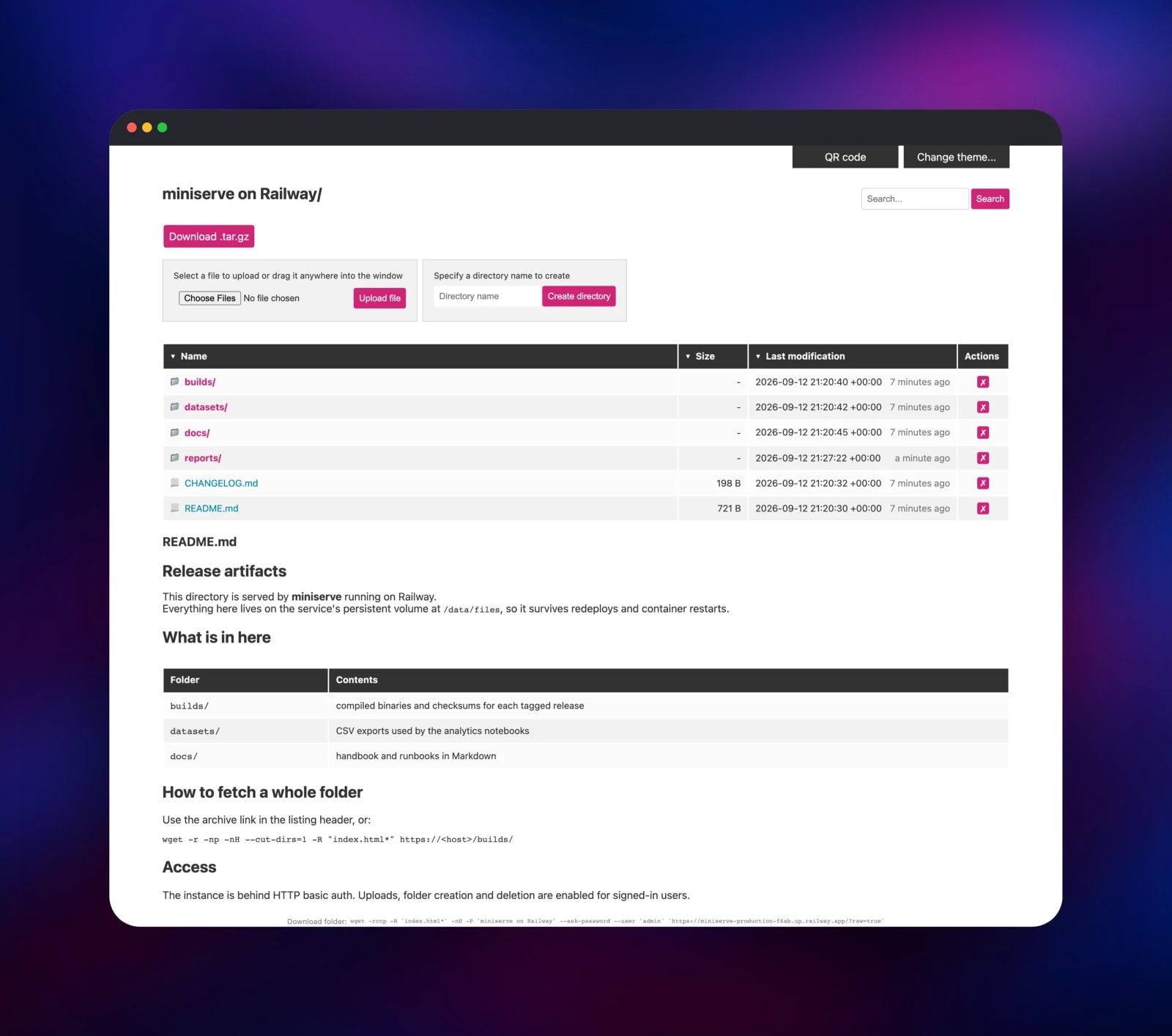 miniserve directory listing with an in-page rendered README
