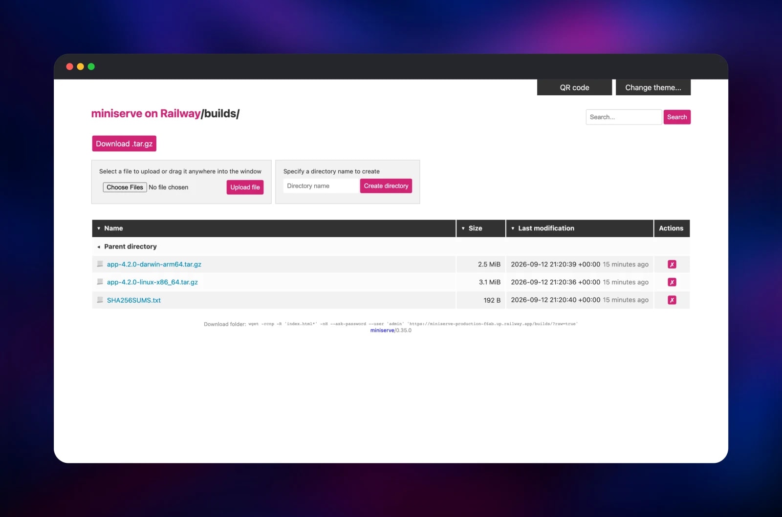 Release tarballs and checksums in a miniserve folder