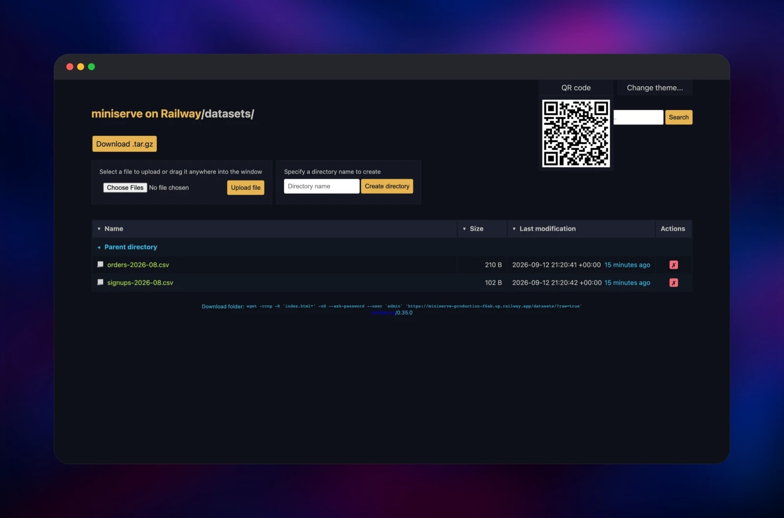 miniserve dark theme with the share QR code open