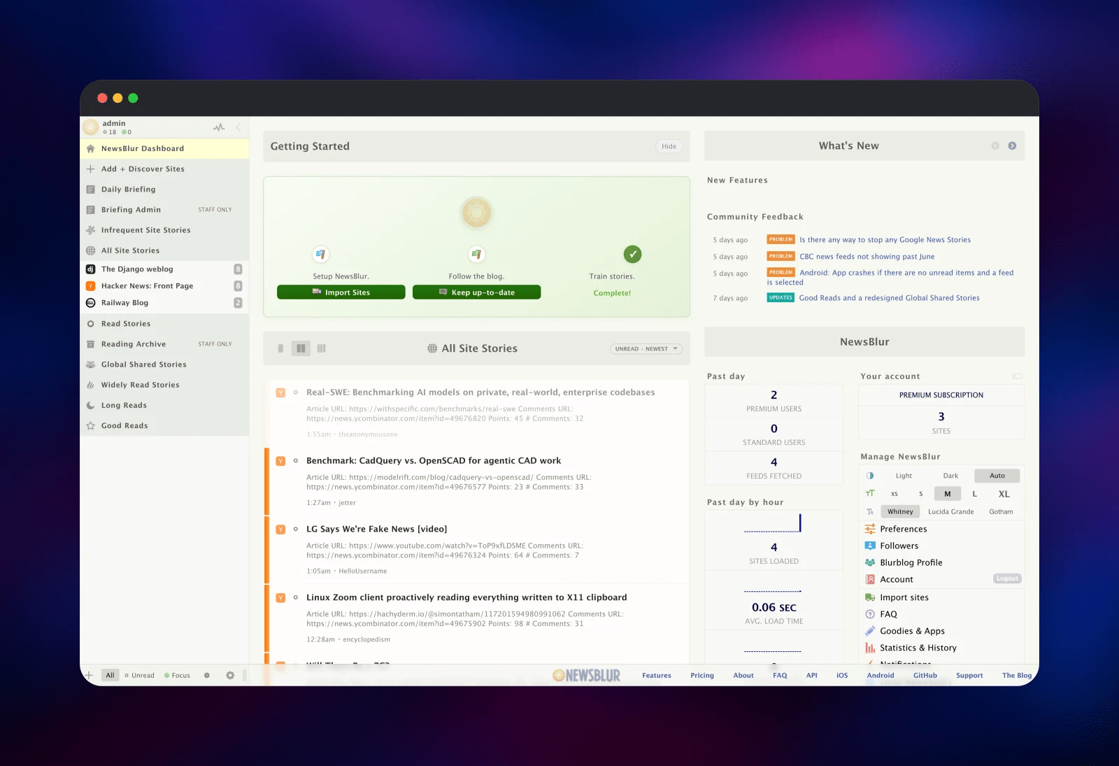 NewsBlur dashboard listing Hacker News stories and account statistics