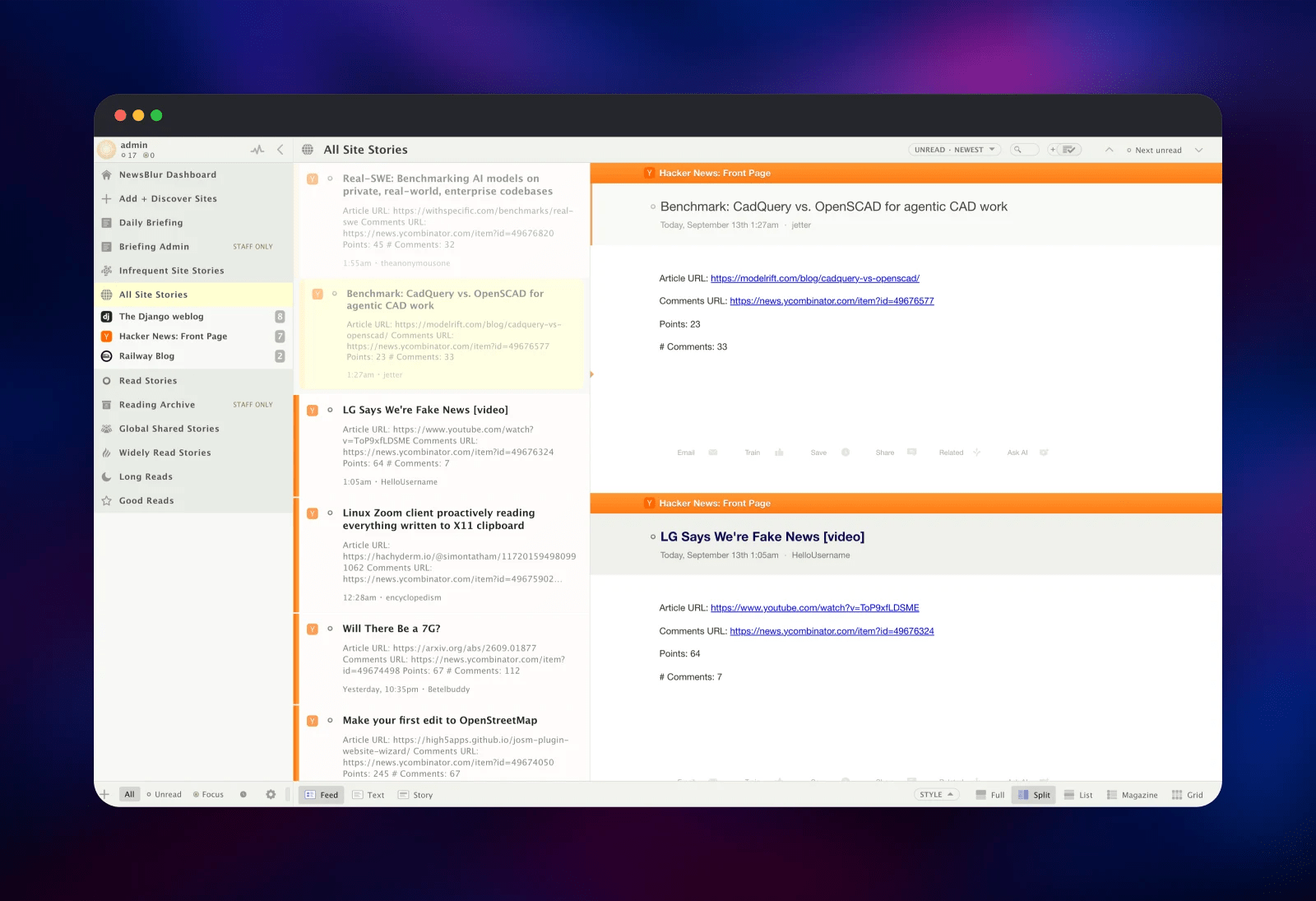 Split-view reader showing a Hacker News story beside the feed list