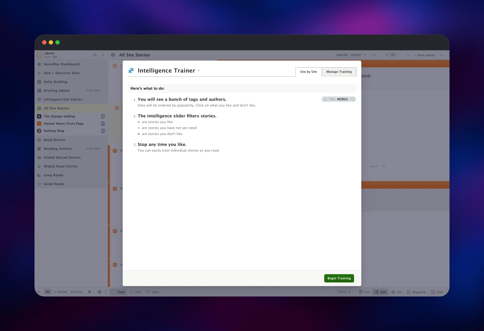NewsBlur Intelligence Trainer explaining how story filtering is trained