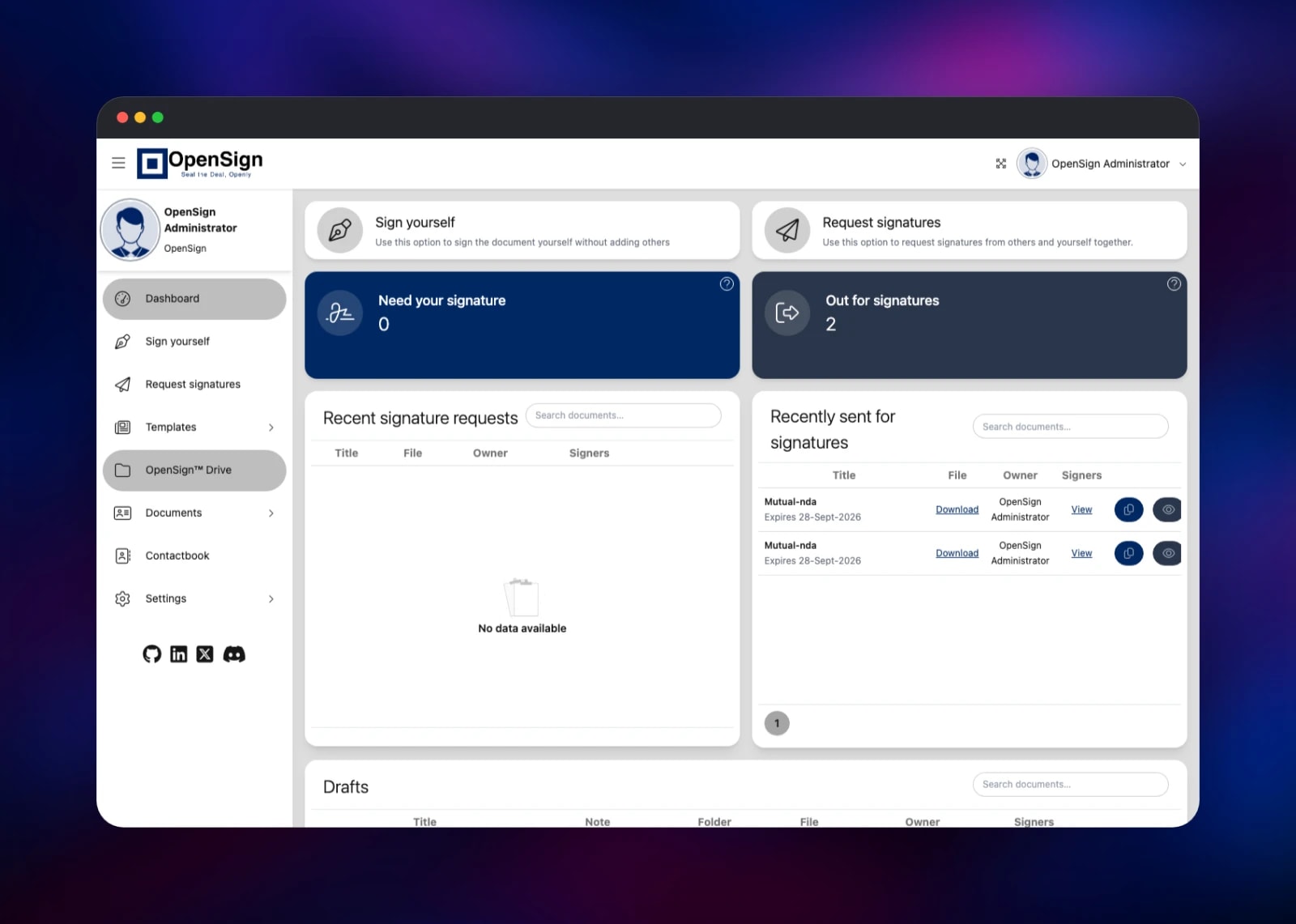 OpenSign dashboard listing documents out for signature