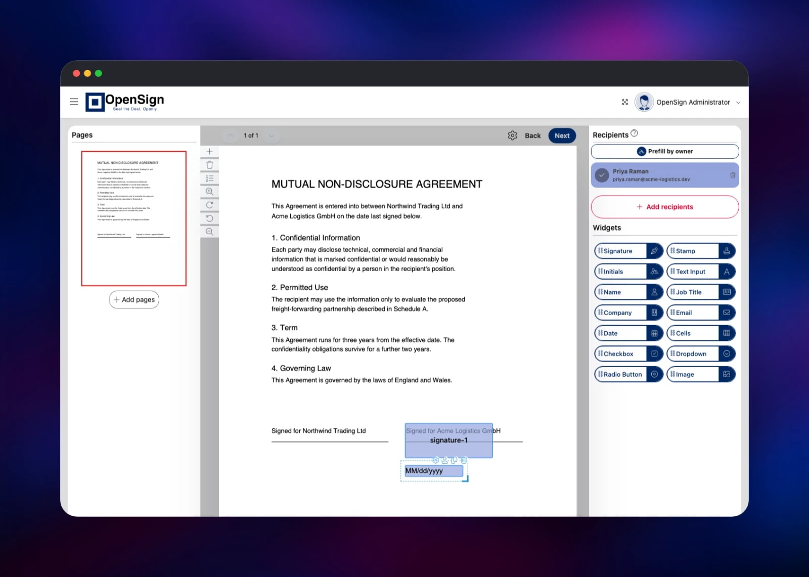 Assigning signature and date fields to a recipient on an NDA