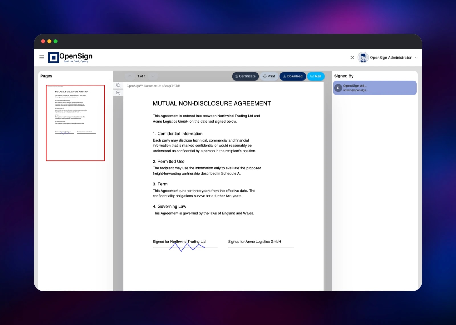 A digitally signed NDA with its signer panel in OpenSign