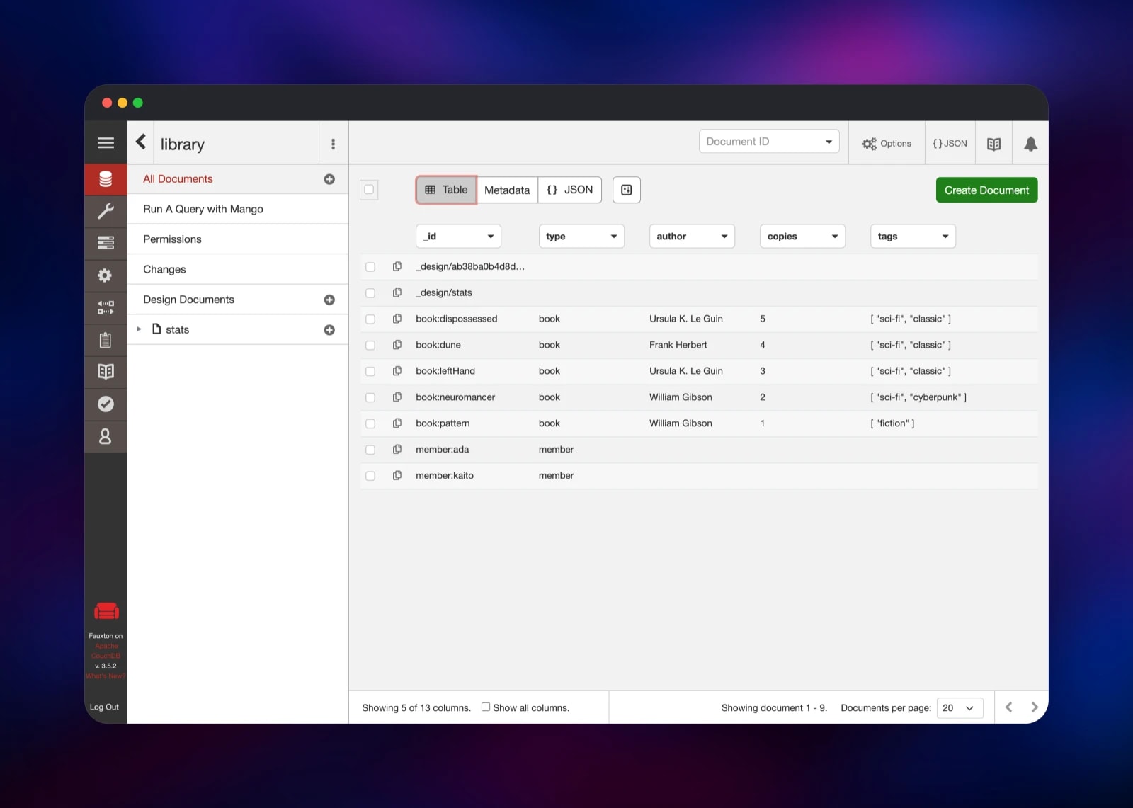 Book documents with author and tag fields in Fauxton