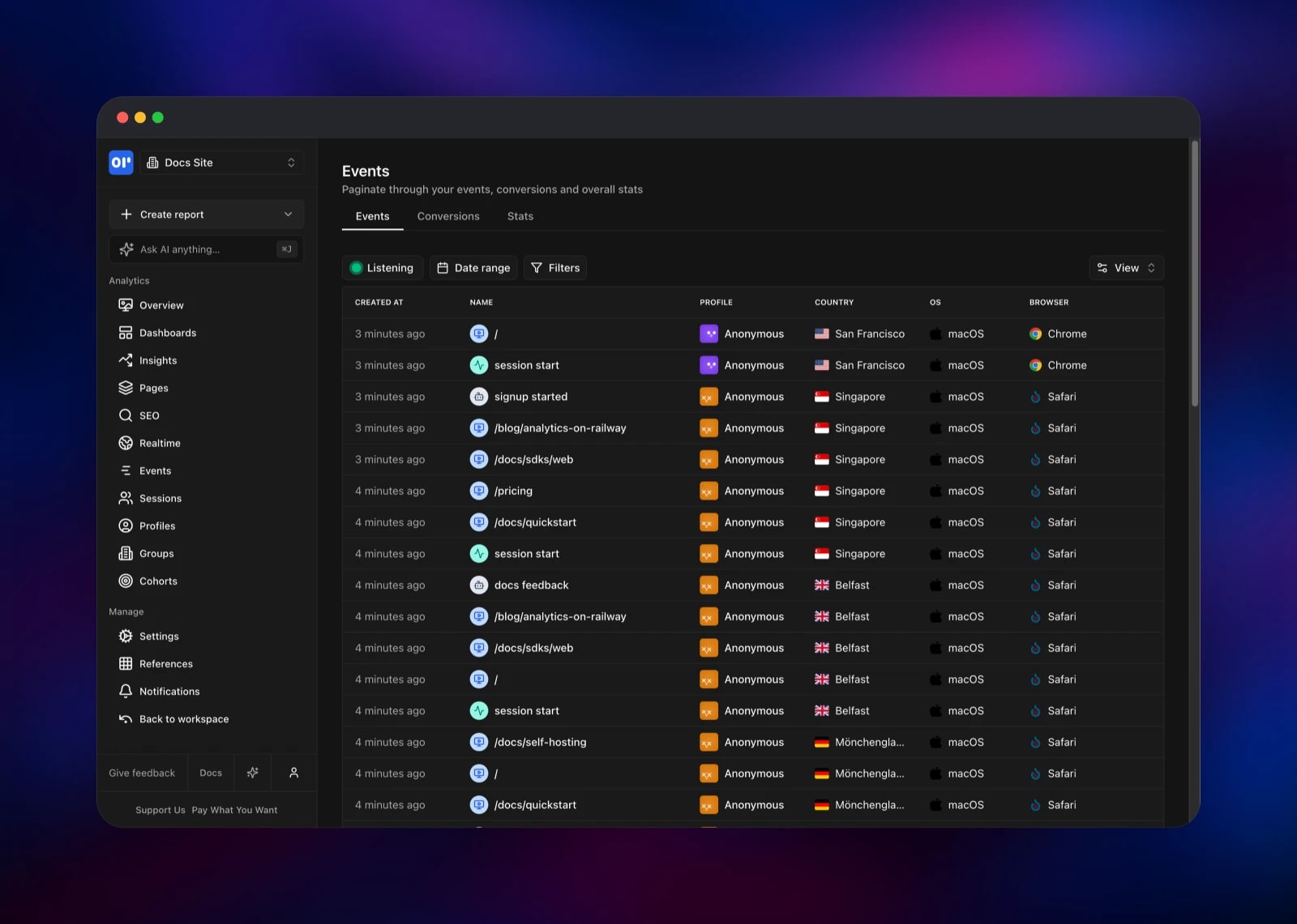 OpenPanel event stream showing country, OS and browser