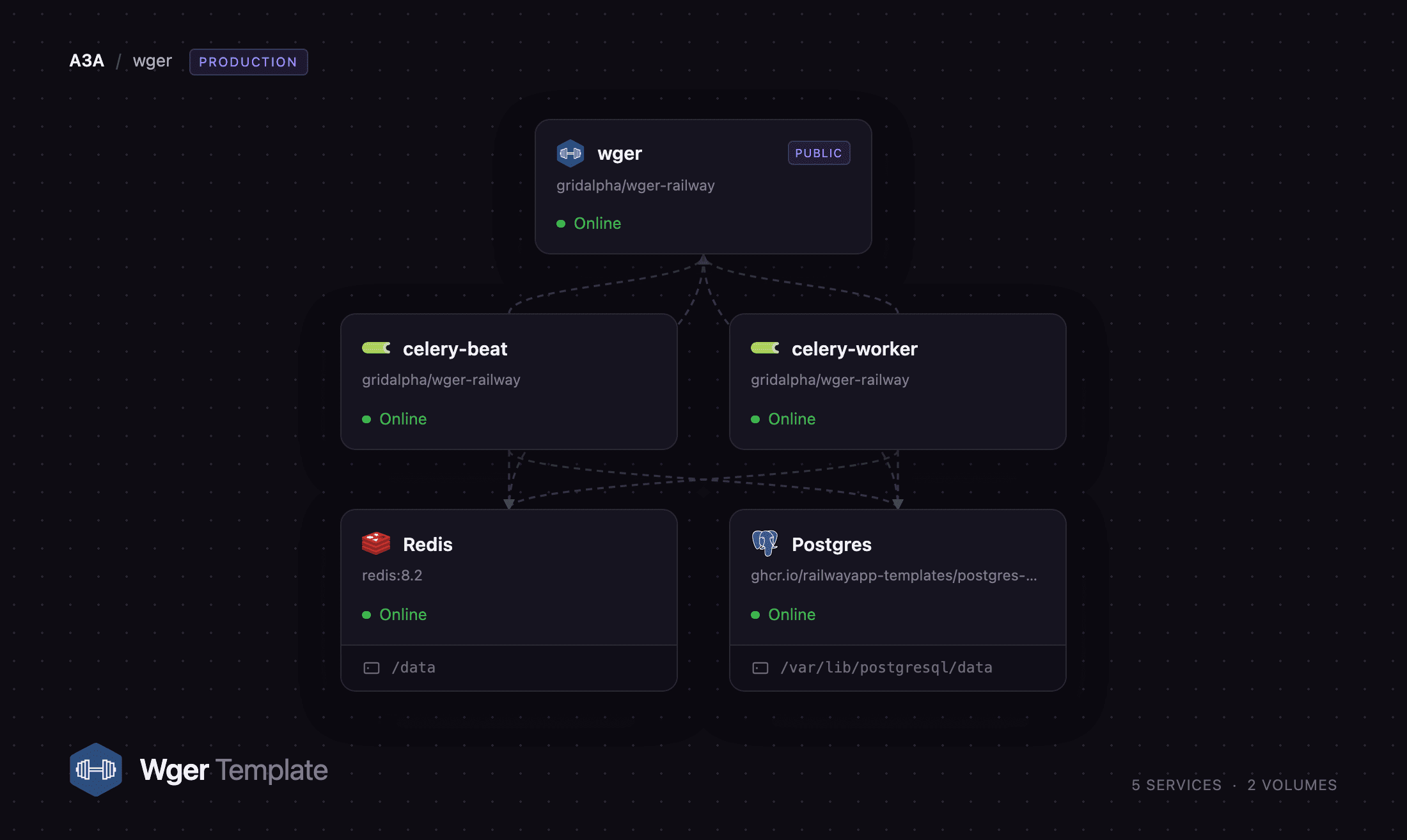 Diagram of the wger, Celery and datastore services on Railway
