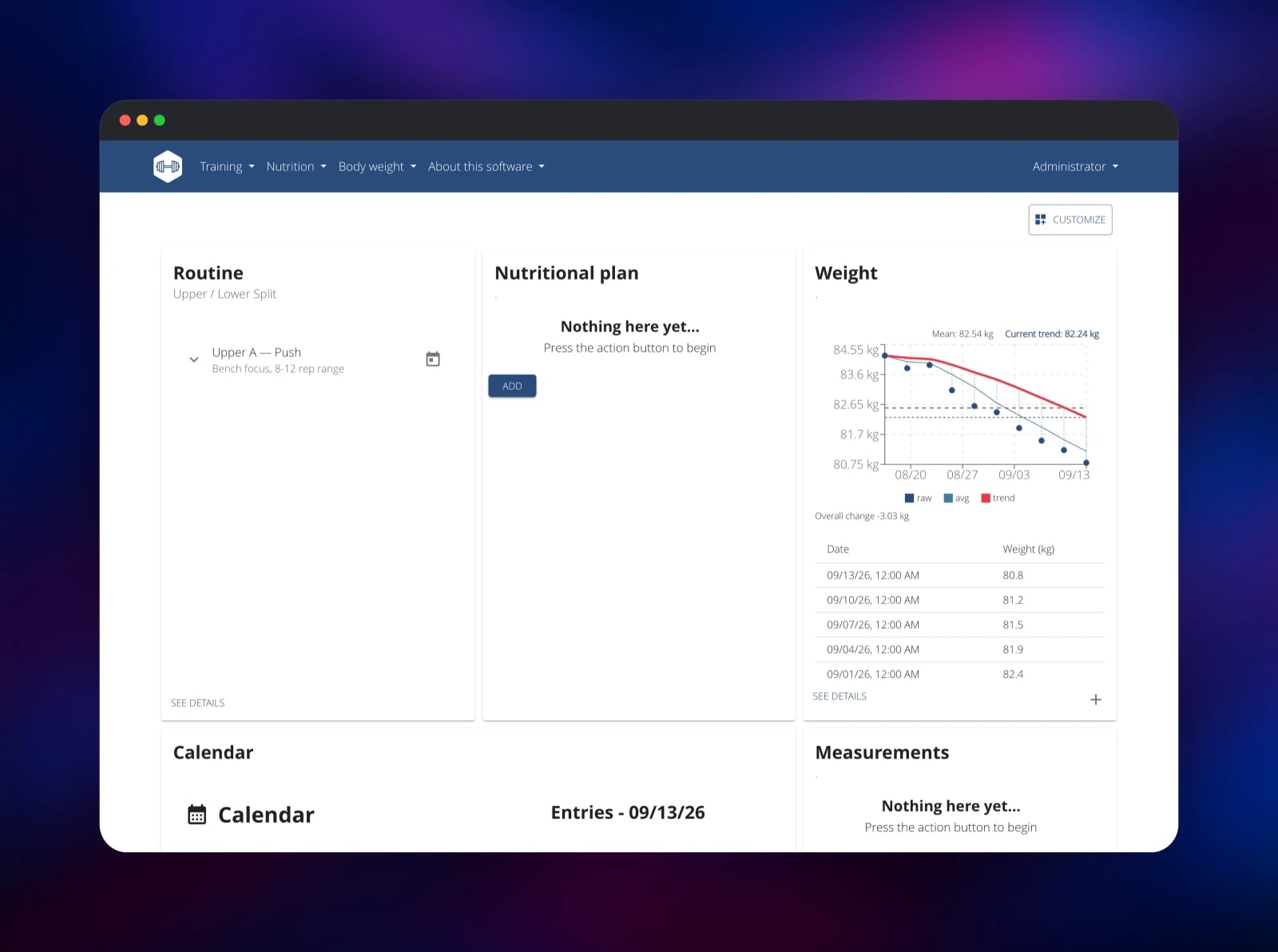 wger dashboard showing a routine and a body weight trend chart
