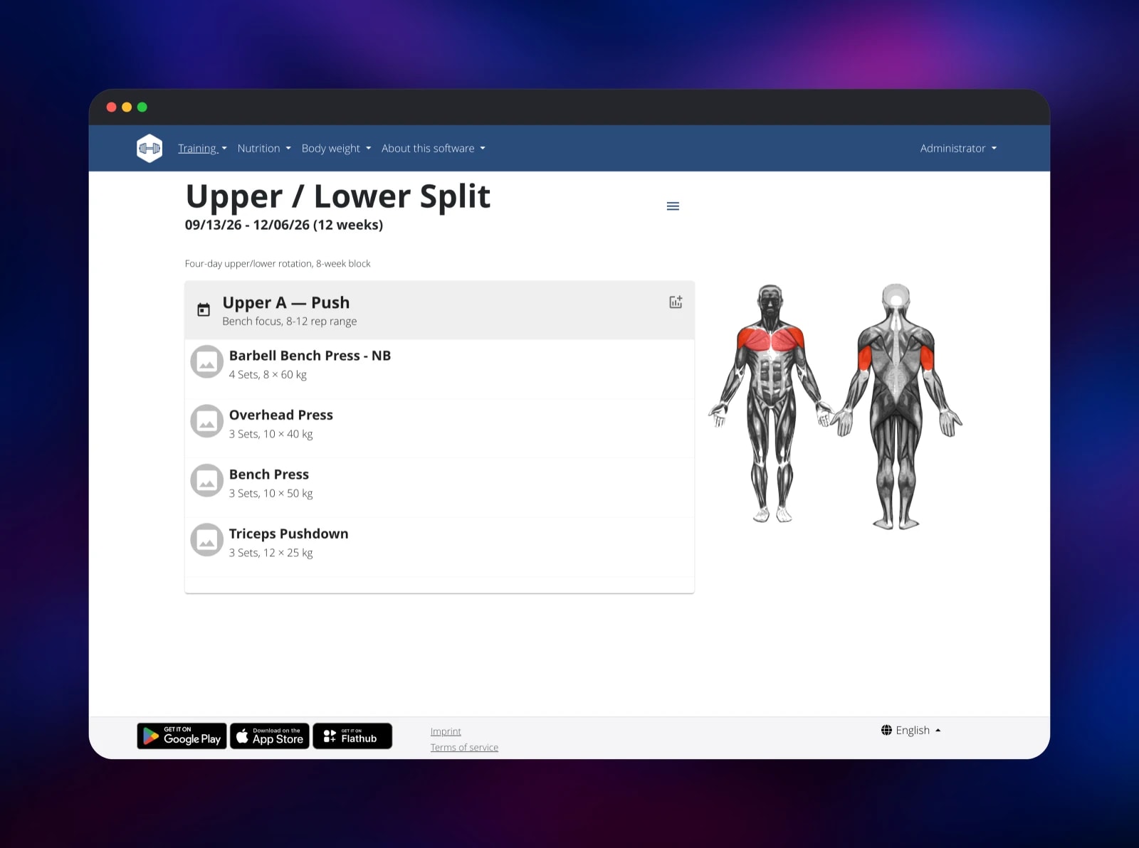 wger routine detail listing four exercises with sets and weights