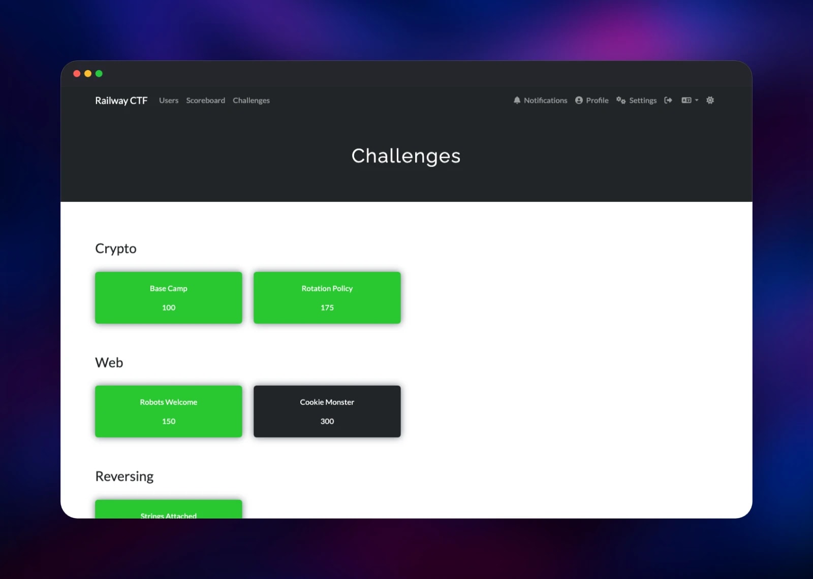 CTFd challenge board with solved Crypto and Web challenges