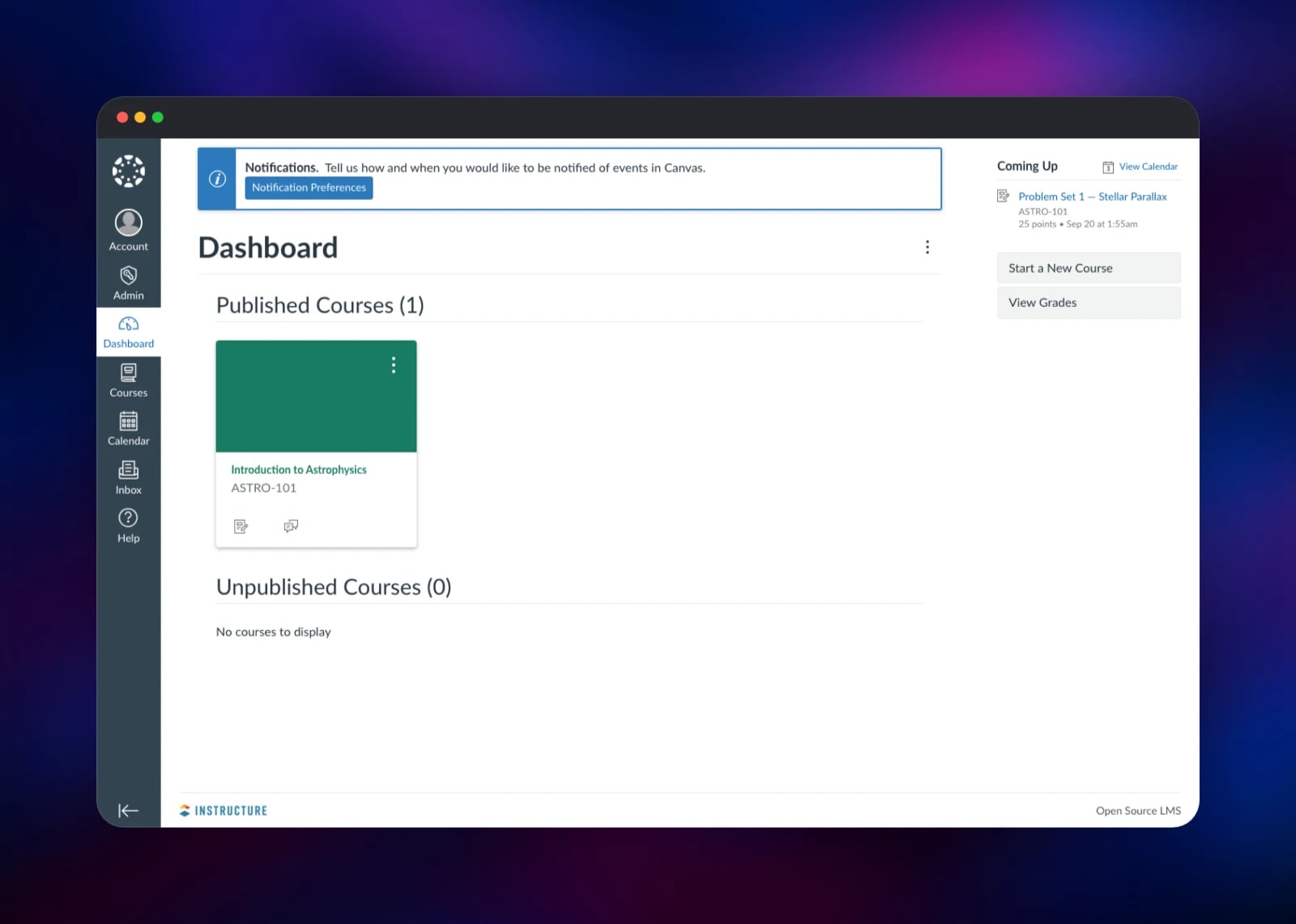 Canvas dashboard showing a published astrophysics course card