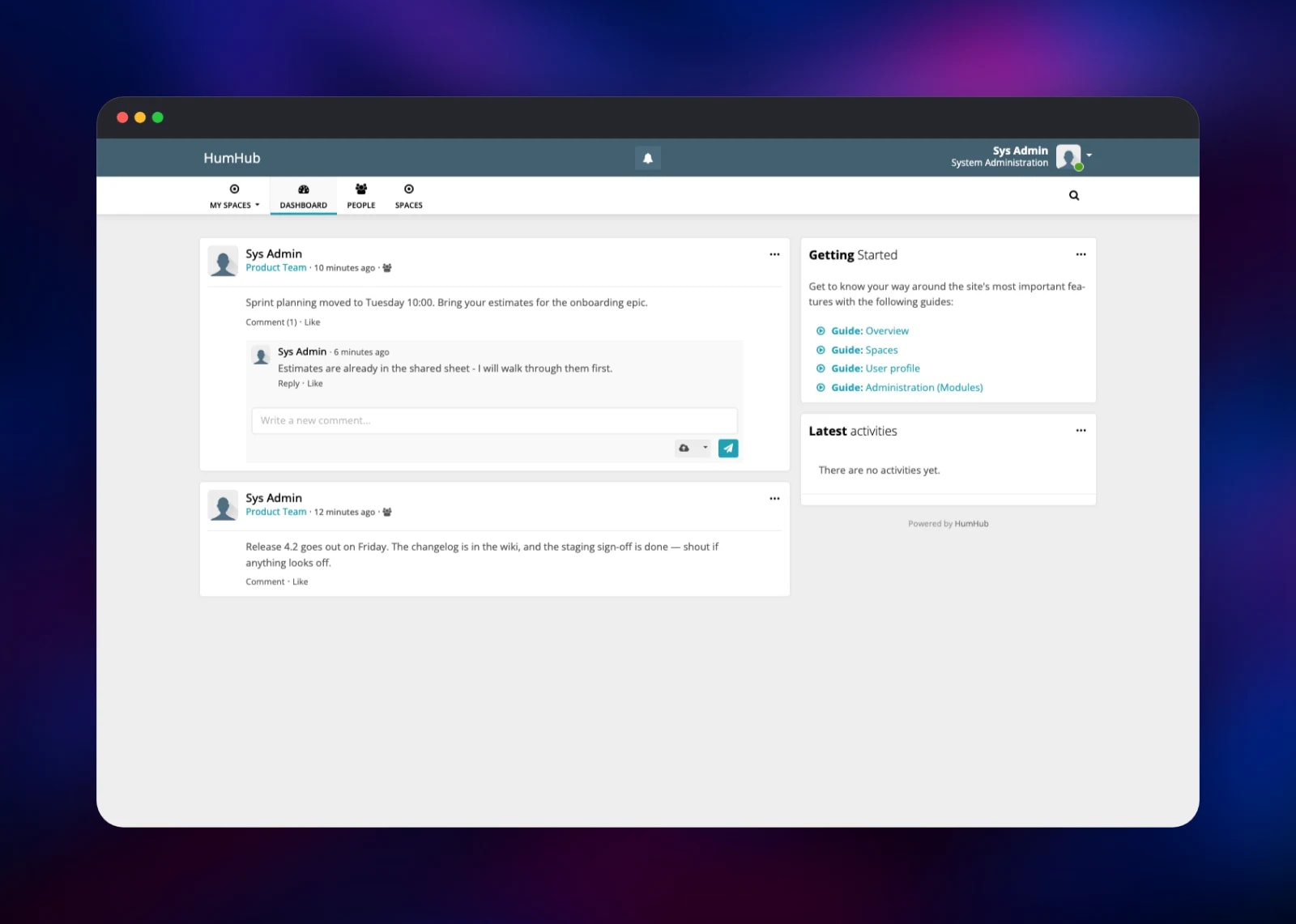 HumHub dashboard stream showing two space posts and a reply