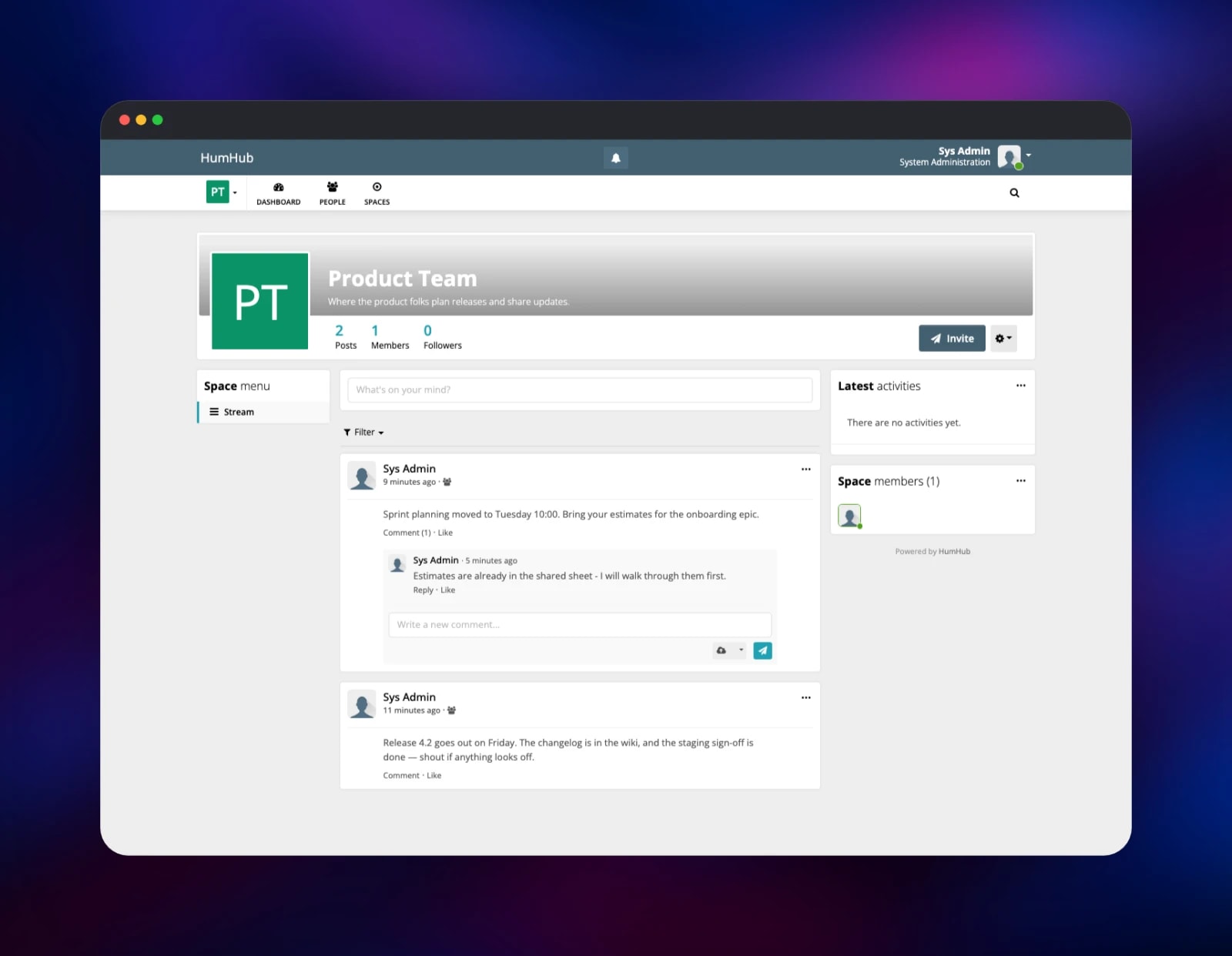 Product Team space in HumHub with posts, a comment and member count