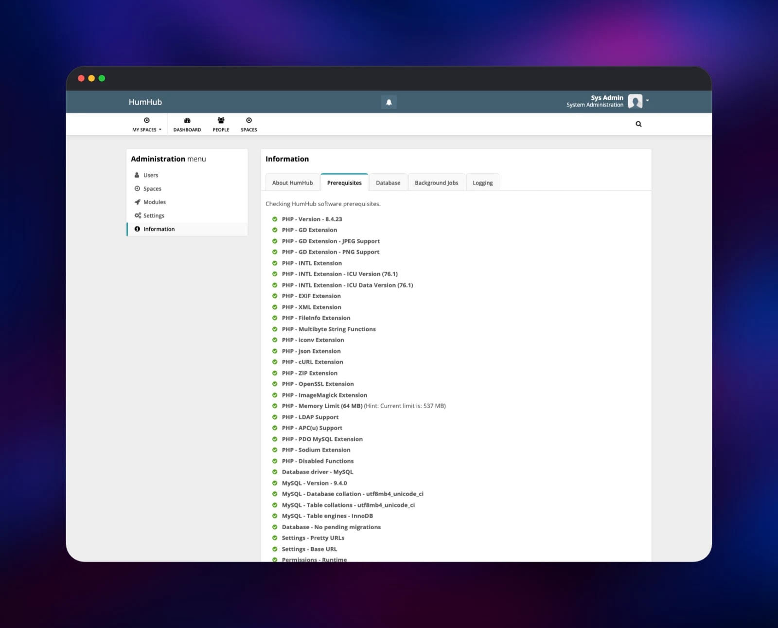 HumHub administration panel listing green server prerequisite checks