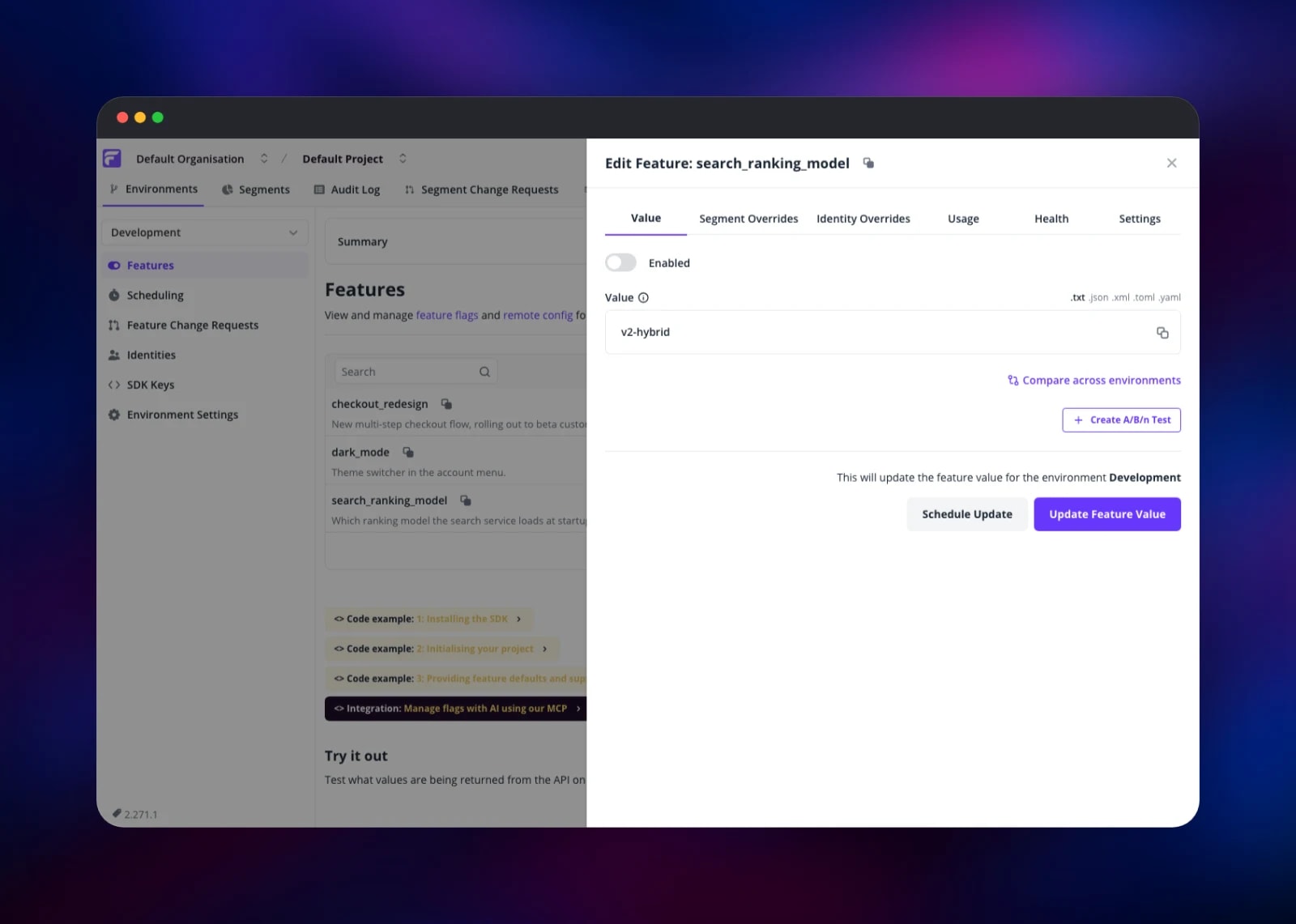 Editing the search ranking model remote config value in Flagsmith