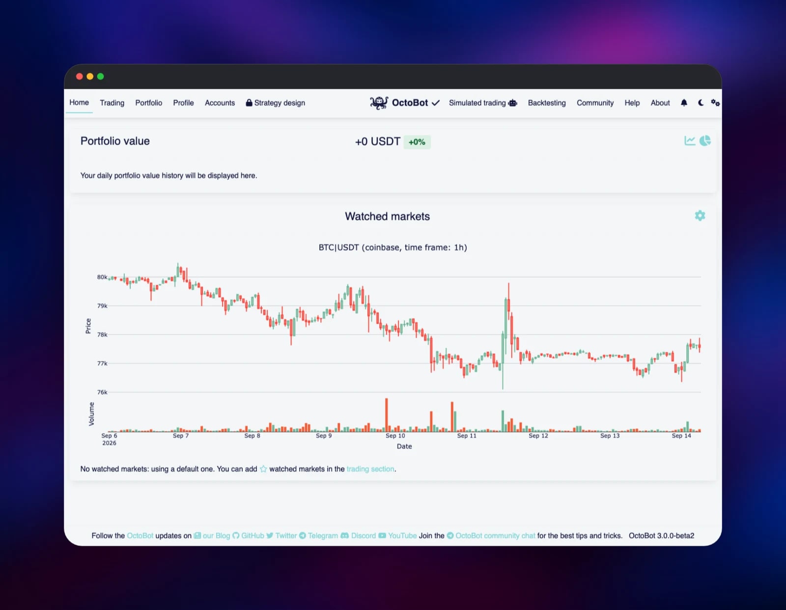 OctoBot dashboard charting live BTC/USDT candles from Coinbase