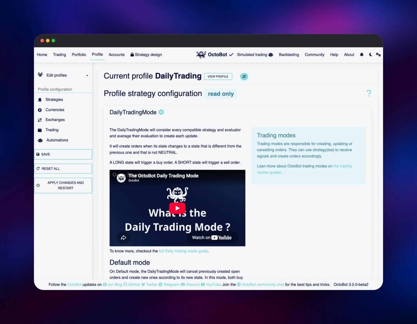 Editing the DailyTrading strategy profile in OctoBot