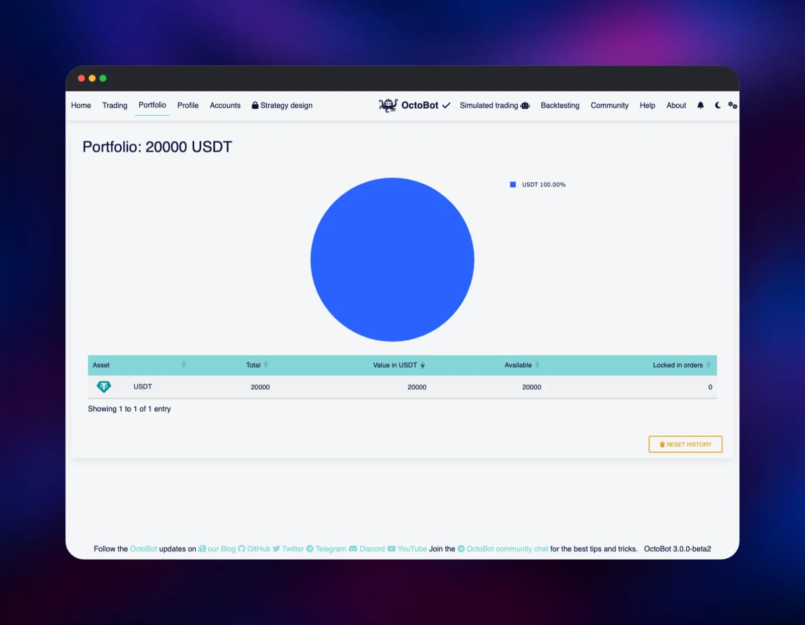 OctoBot paper-trading portfolio holding 20,000 simulated USDT