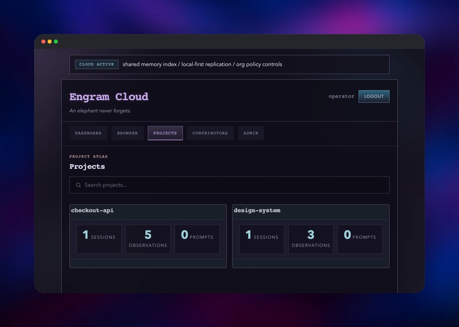 Engram Cloud project atlas listing two synced code projects
