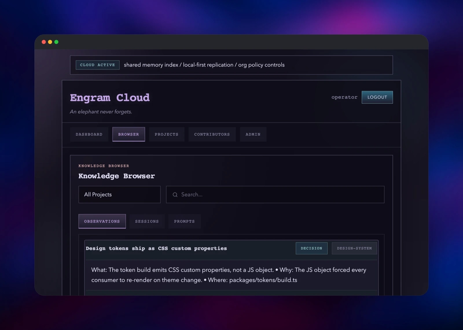 Engram Cloud knowledge browser showing a saved architecture decision