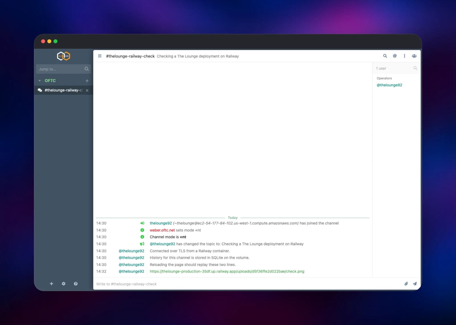 An IRC channel in The Lounge with topic, messages and member list