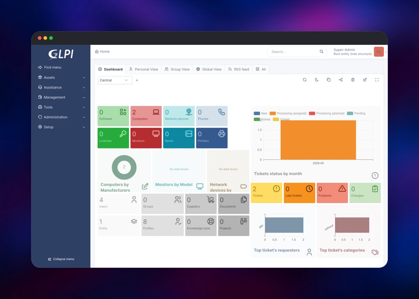 GLPI central dashboard counting assets and open tickets