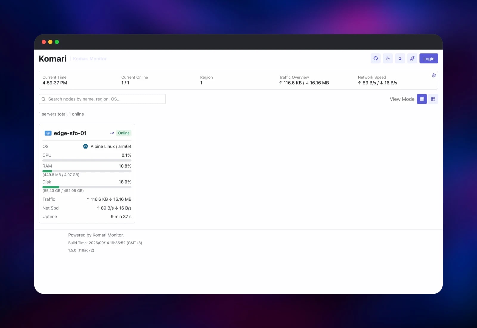 Komari public status page with one monitored server online