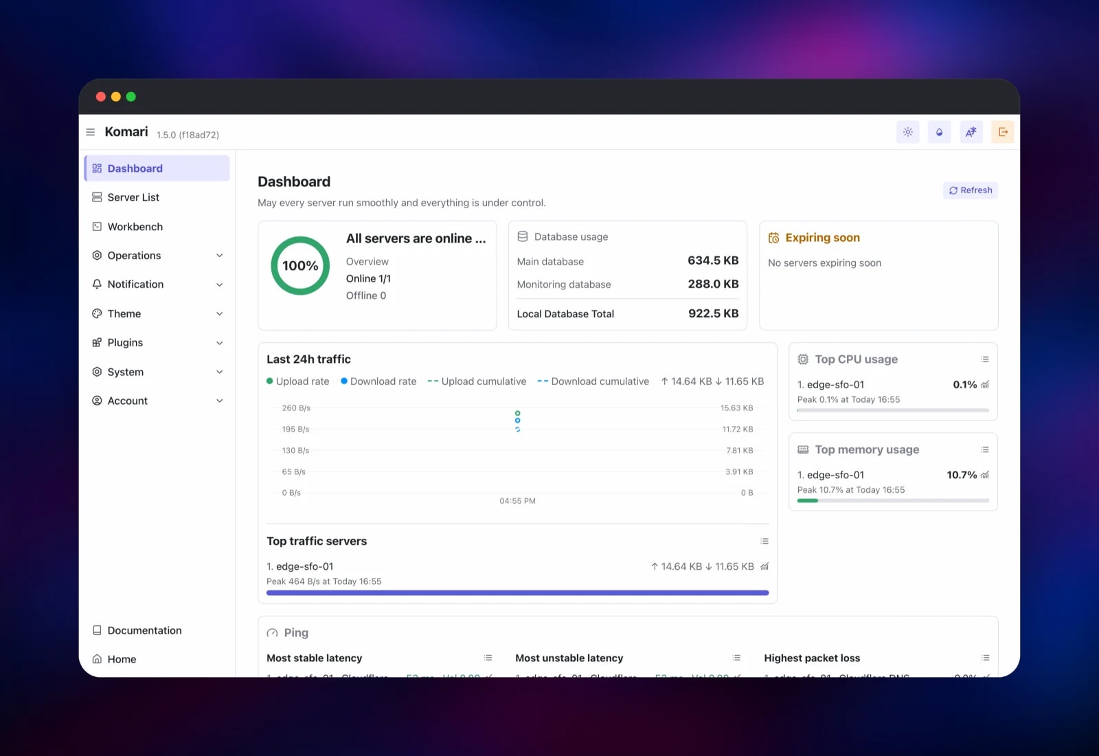 Komari admin dashboard showing traffic, database usage and latency