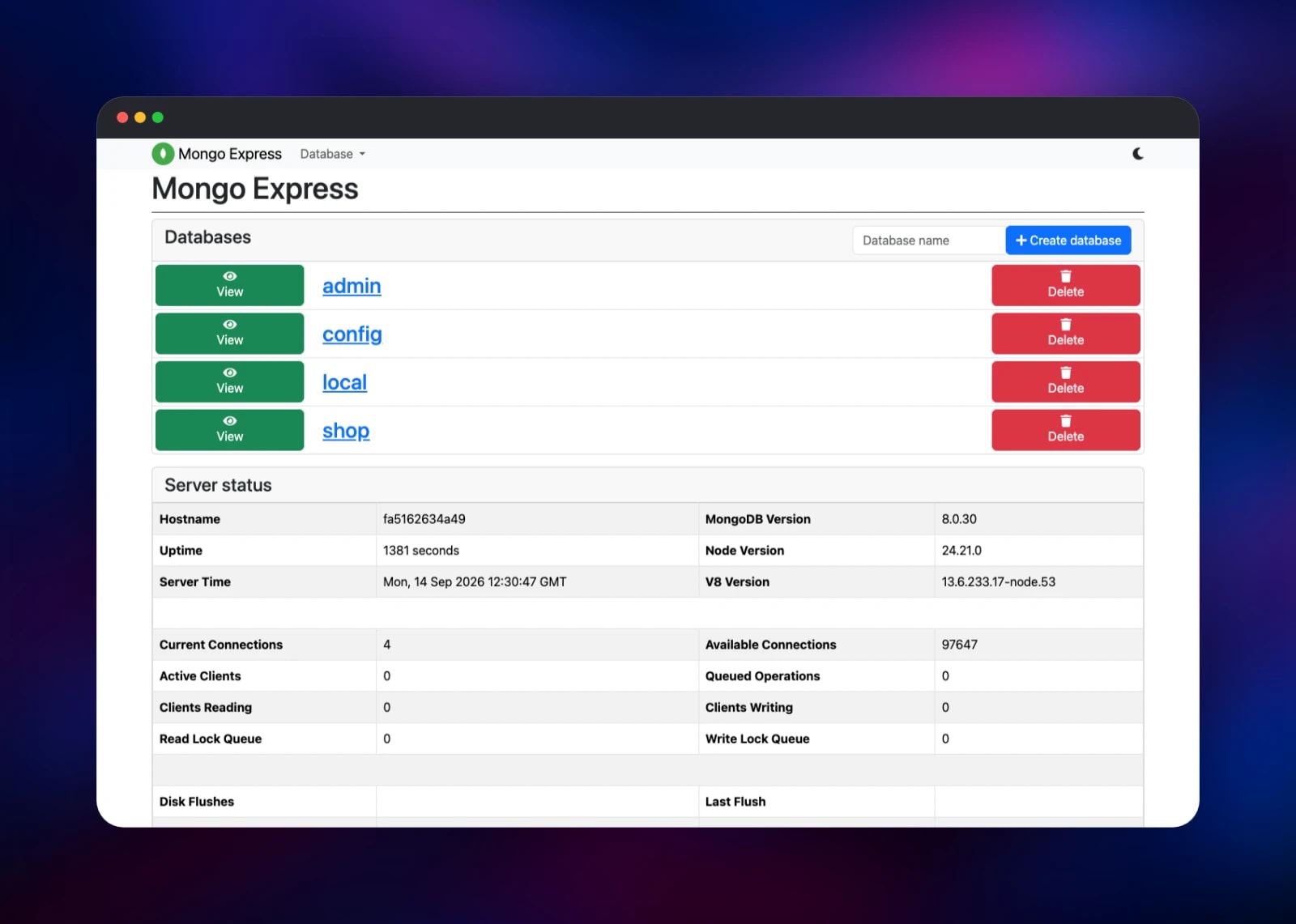 Mongo Express database list beside live MongoDB server statistics