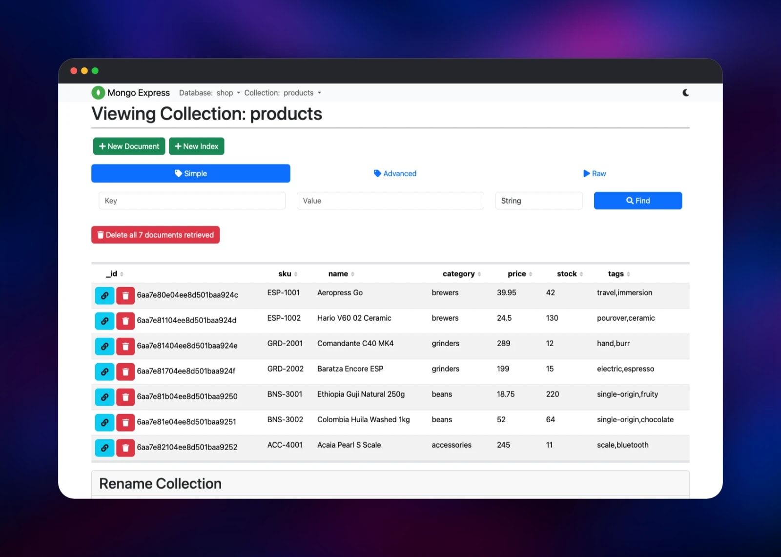 Seven product documents listed in the Mongo Express collection view