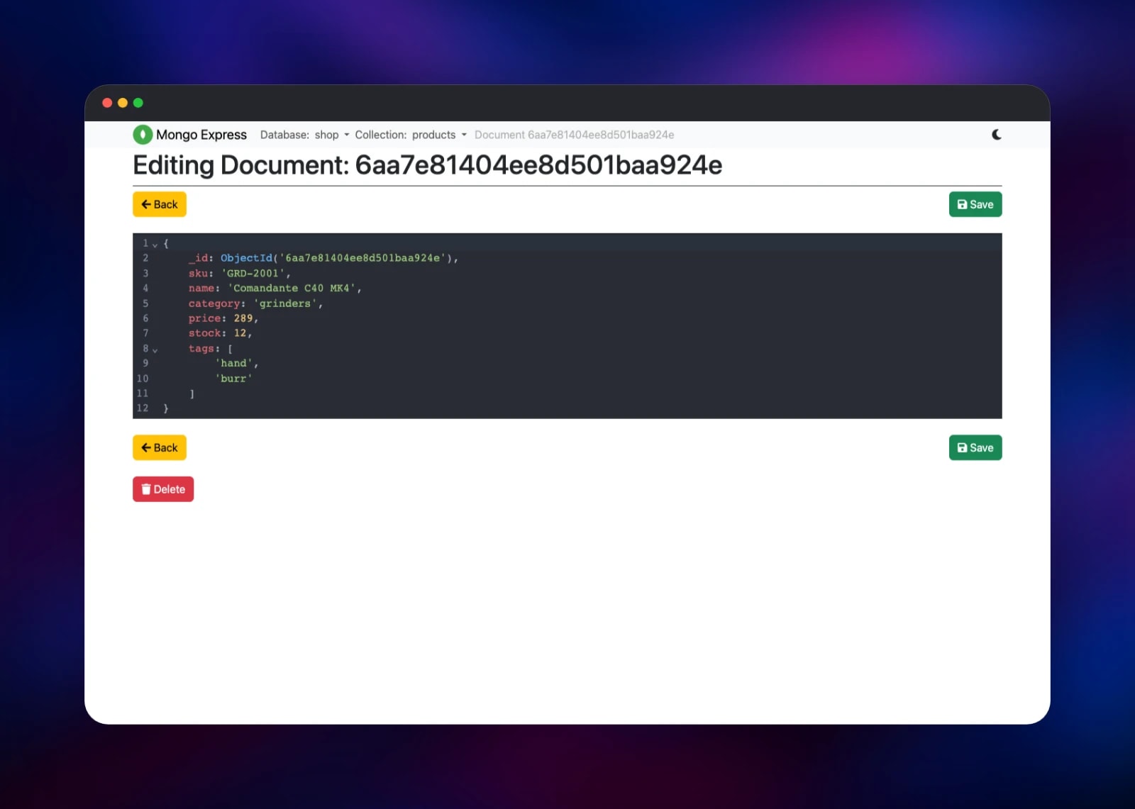 Editing a stored product document in the Mongo Express editor