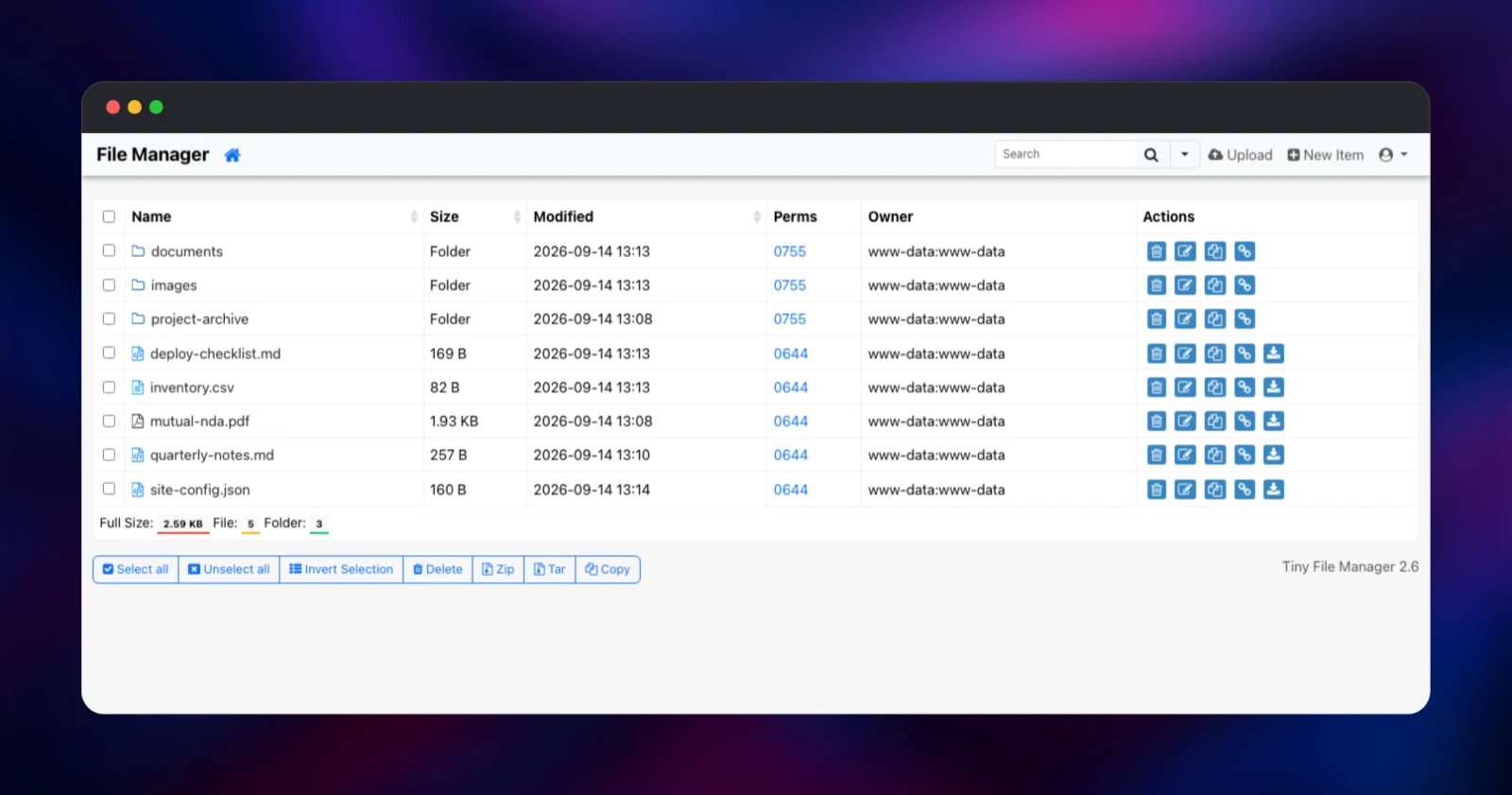 Tiny File Manager listing folders and files with sizes and permissions