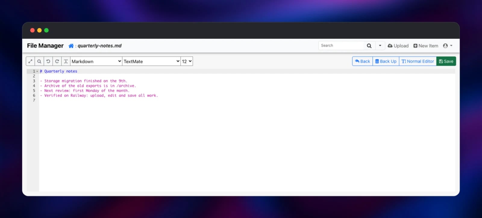 Editing a markdown file in the built-in Ace editor