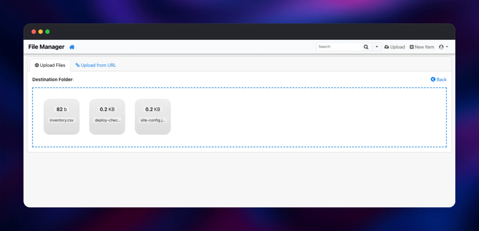 Three files queued in the drag-and-drop upload area