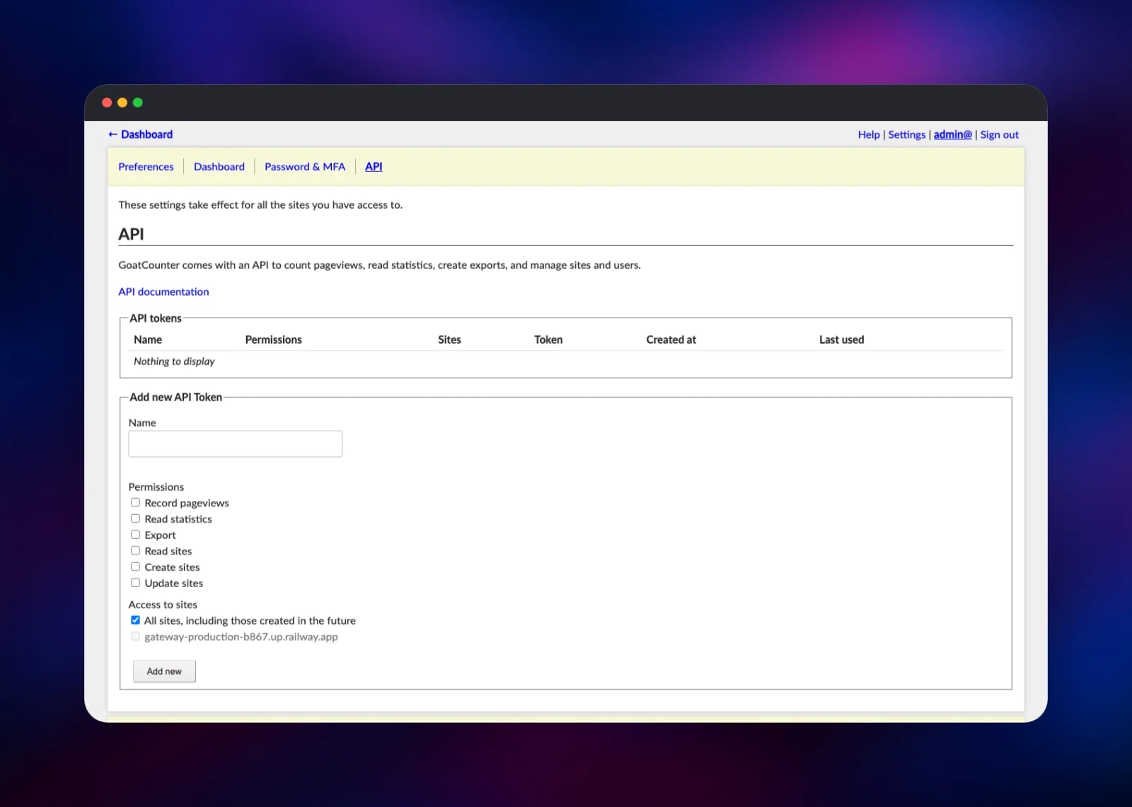 GoatCounter API token settings with a saved reporting token