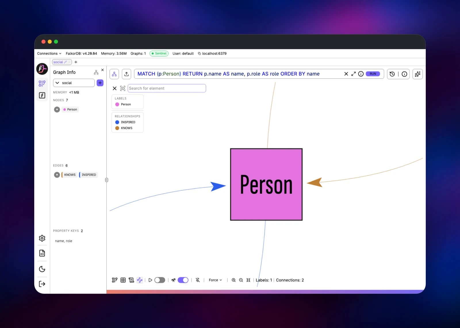 Schema view showing the Person label and its relationship types