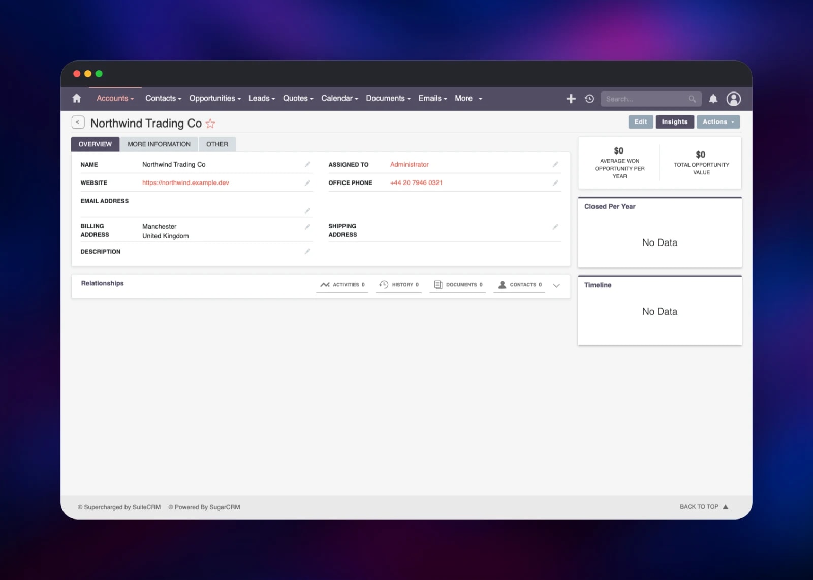 SuiteCRM account record for a customer with billing details