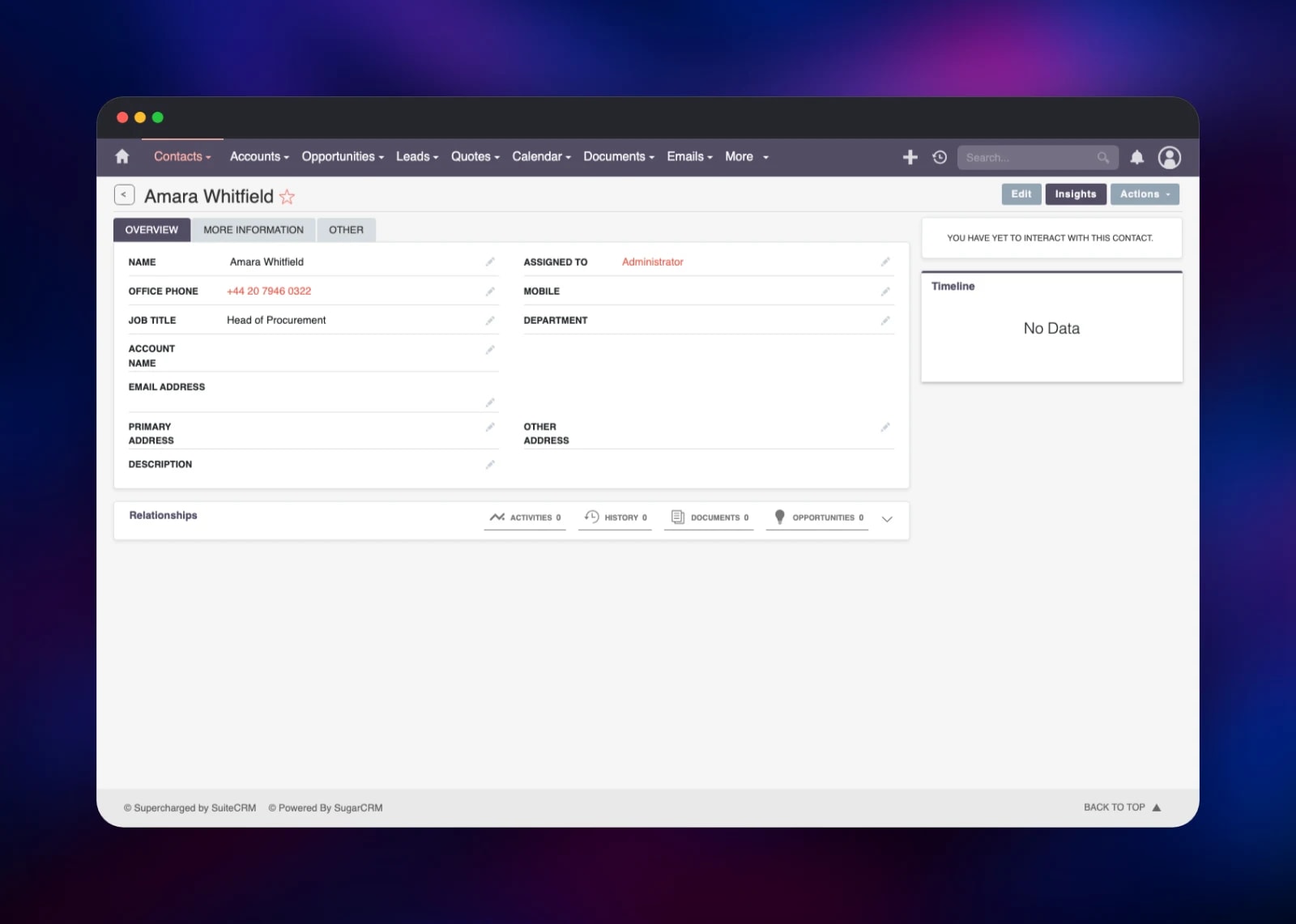 SuiteCRM contact record showing job title and phone