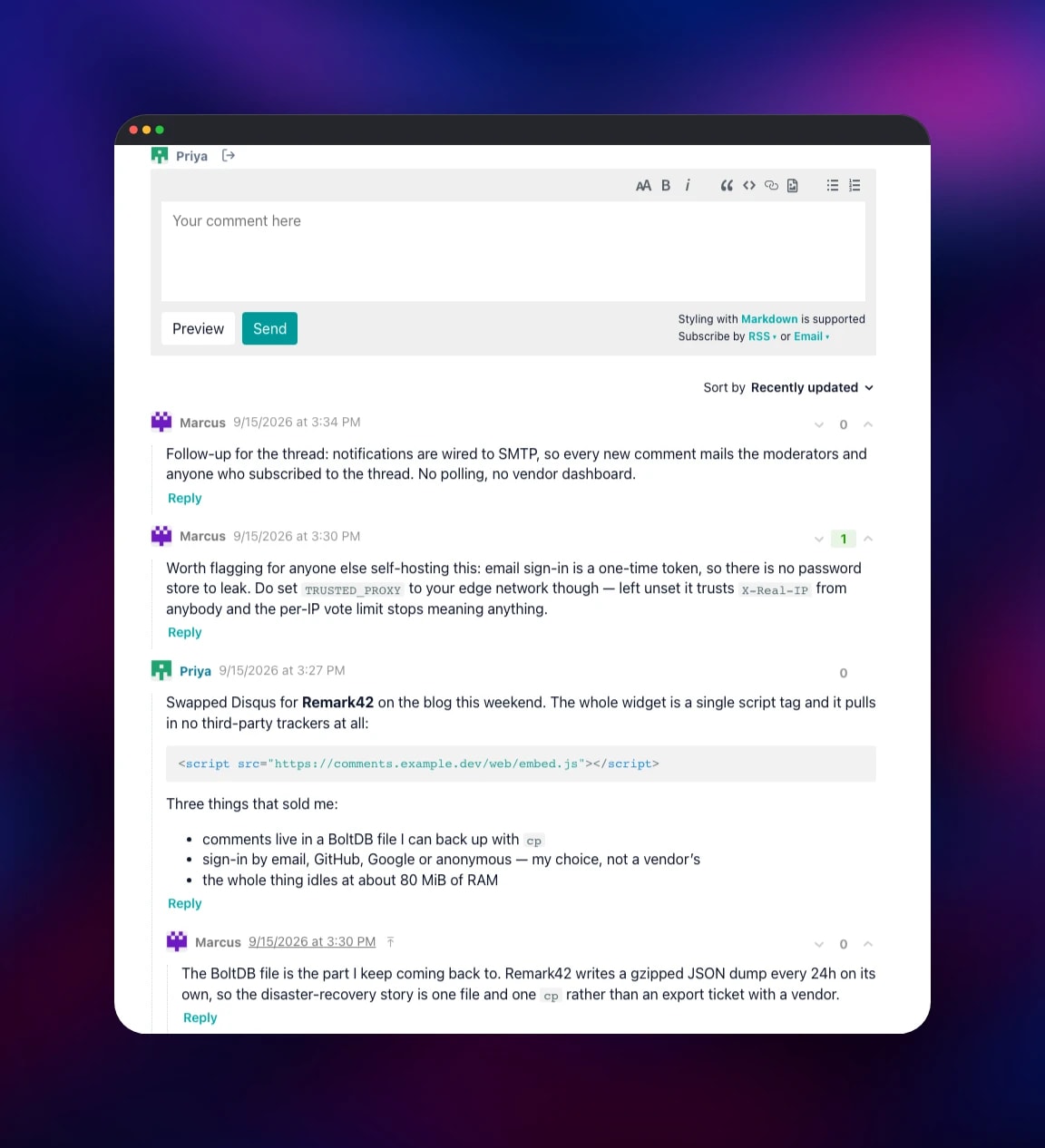 Remark42 threaded discussion with markdown and vote scores