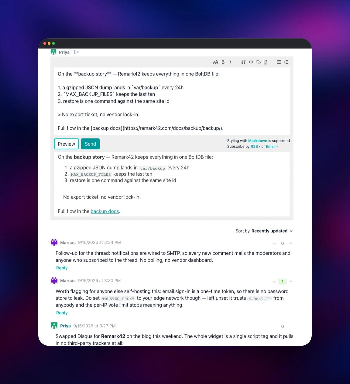 Remark42 comment editor showing the rendered markdown preview