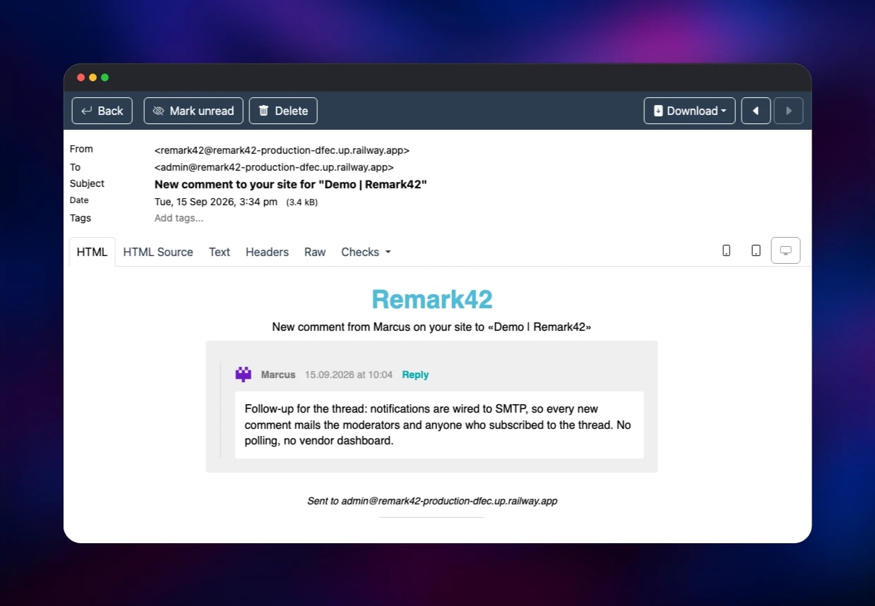 Mailpit showing a Remark42 new-comment notification email
