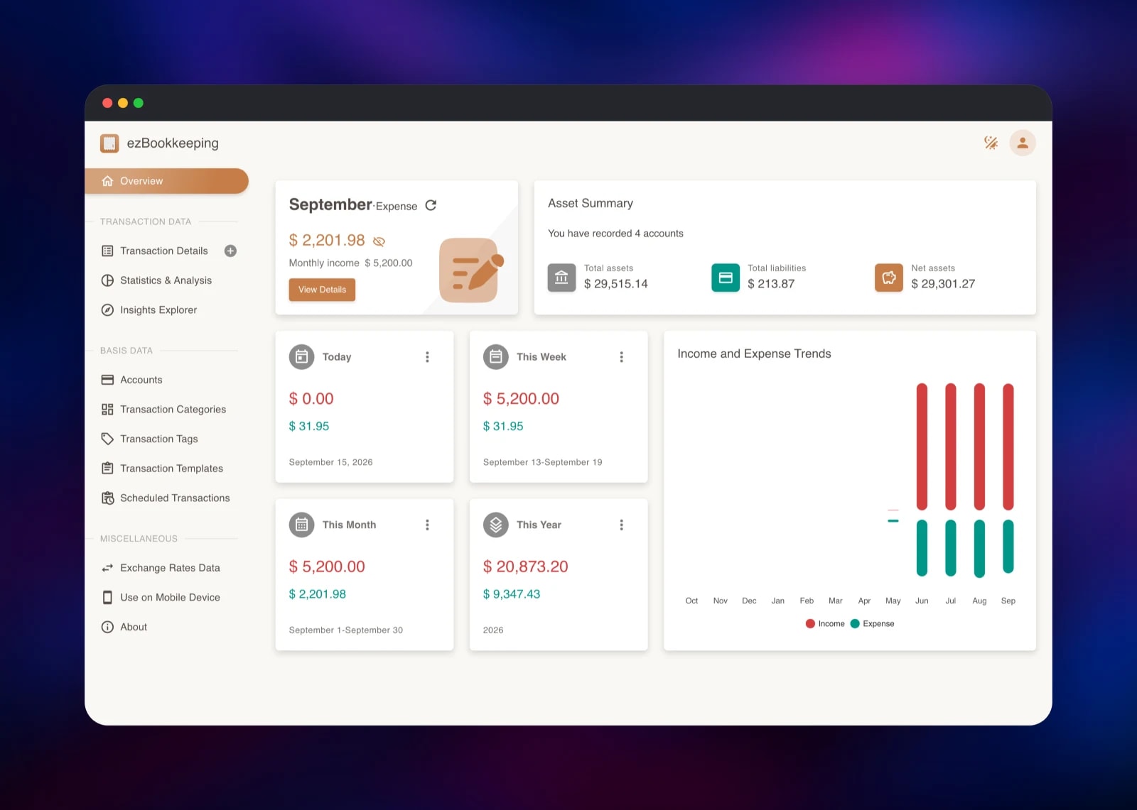 ezBookkeeping overview with asset summary and monthly totals