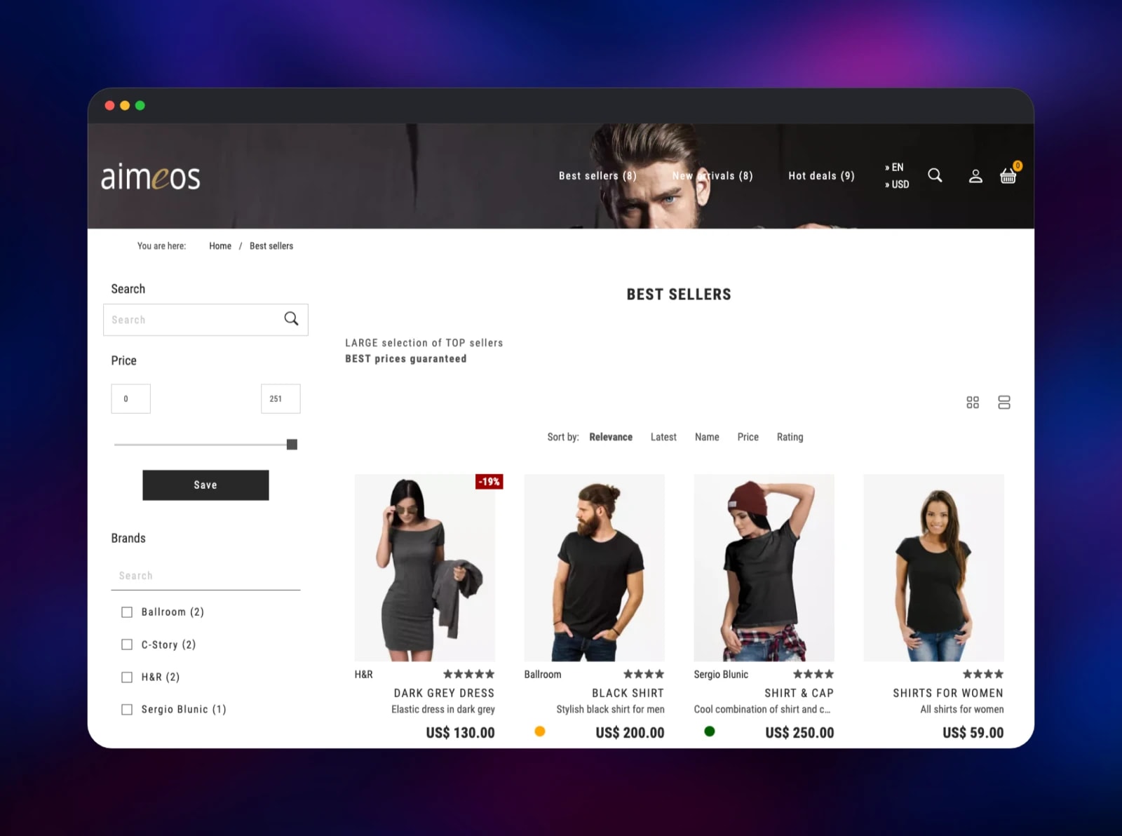 Aimeos storefront showing the best sellers category with prices