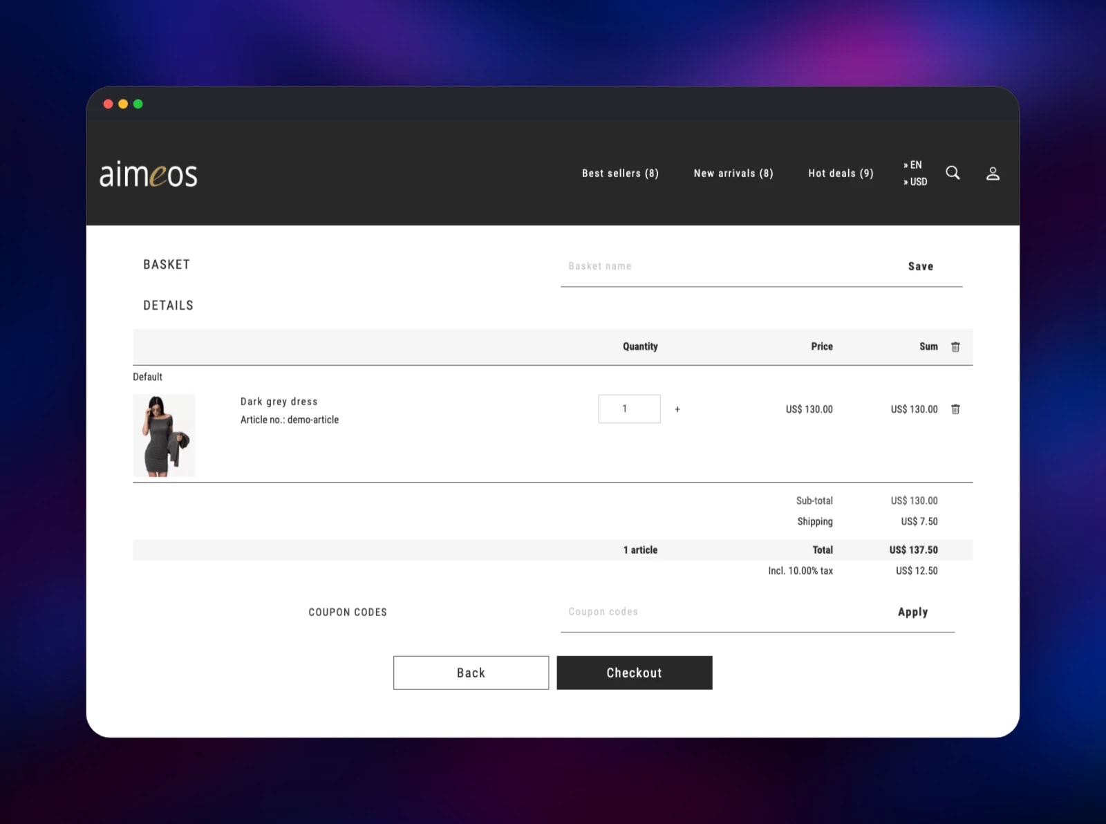 Aimeos shopping basket holding a dress with shipping and tax